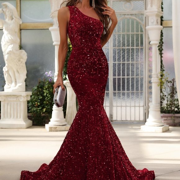 Burgundy Preppy Womens One Shoulder Mermaid Hem Sequin Formal Dress - Picture 1 of 5